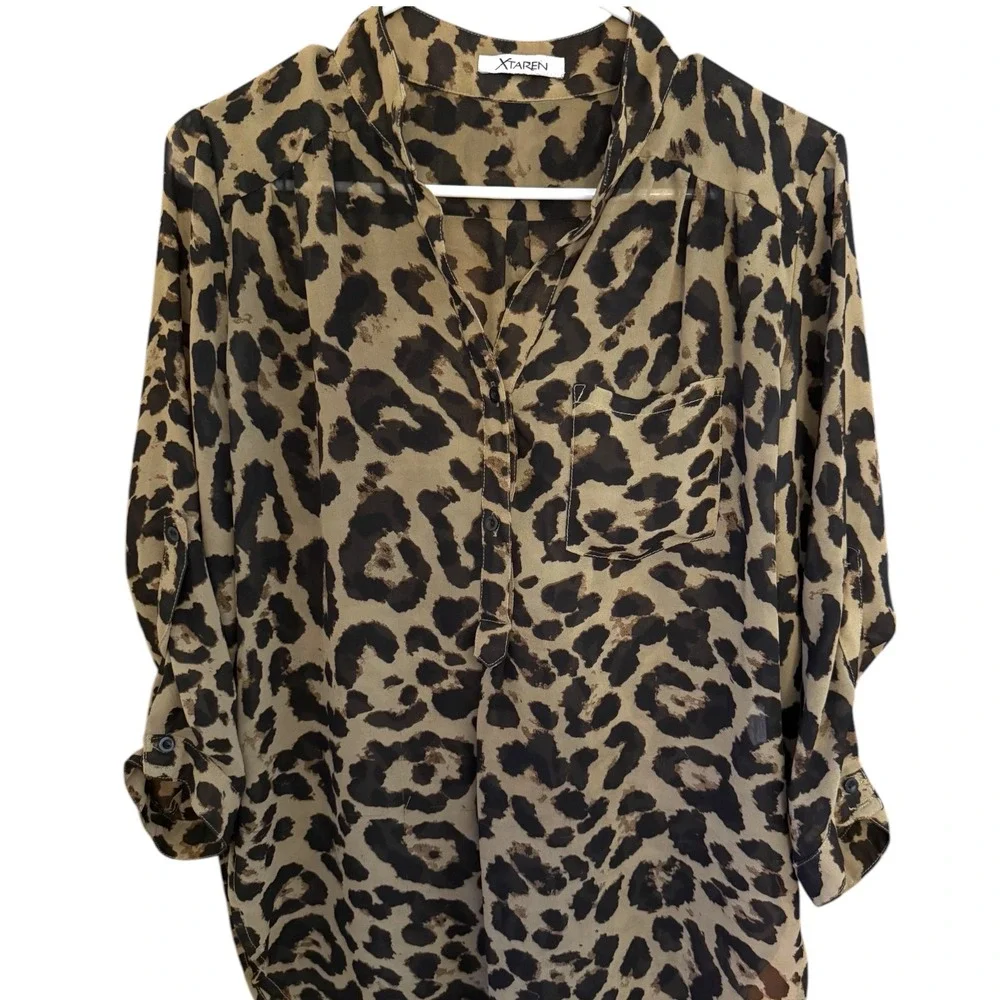 Mob Wife Sheer Leopard Blouse Womens S Long Sleeve Button-Up Date Night Clubwear